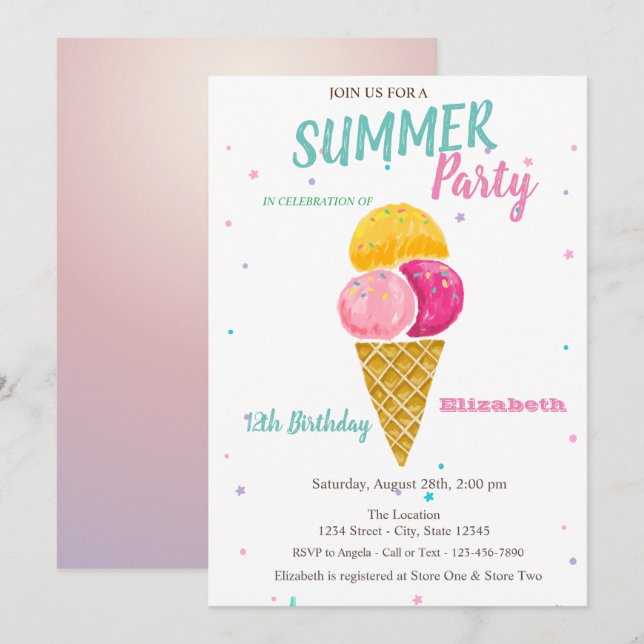 Invitation Gâteau glacé à l'aquarelle Étoiles Fête d'annivers (Devant / Derrière)
