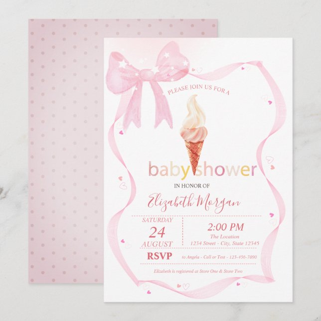 Invitation Gâteau glacé à l'aquarelle Rose Ruban Fête de bébé (Devant / Derrière)