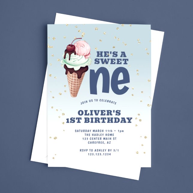 Invitation Gâteau Glacé Douce Première Bleu 1er Anniversaire (Créateur téléchargé)