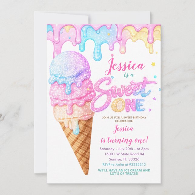 Invitation Gâteau Glacé Sweet One Pailleté Anniversaire (Devant)