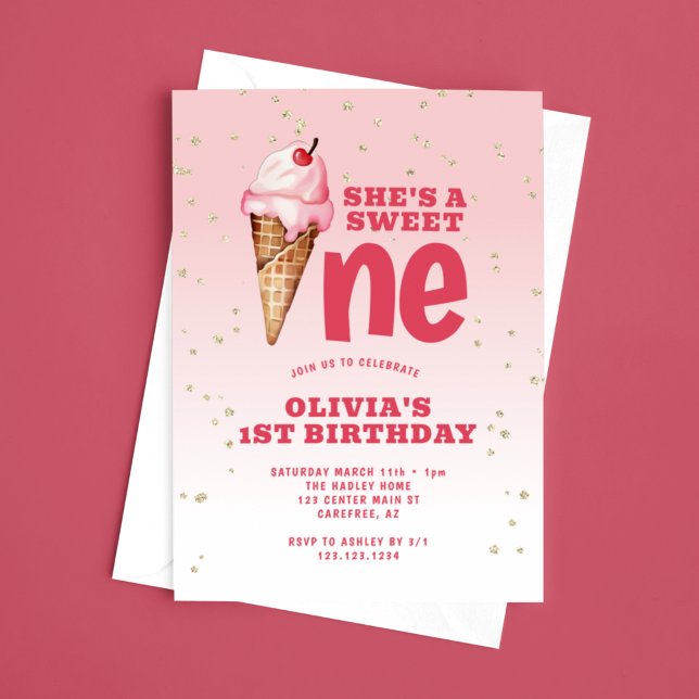 Invitation Gâteau Glacé Sweet One Rose 1er Anniversaire (Créateur téléchargé)