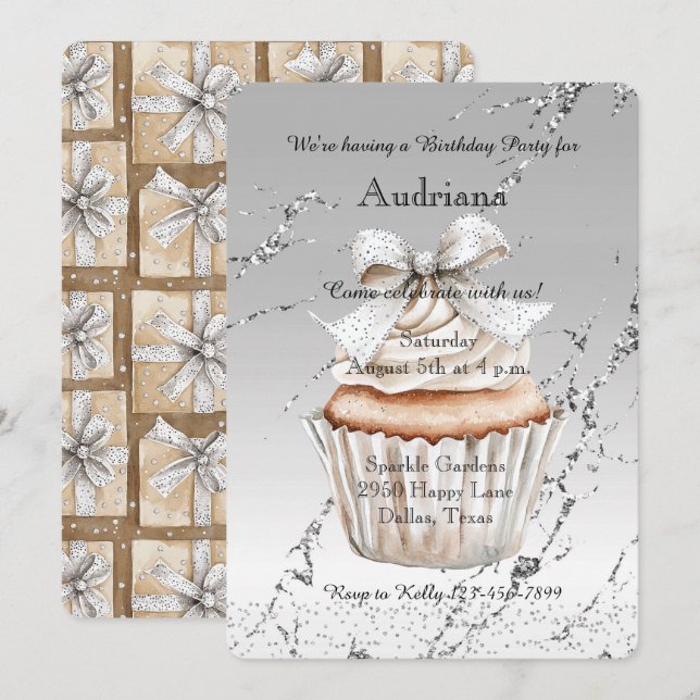 Invitation Gâteau Glitzy Argent Blanc Anniversaire Ruban (Devant / Derrière)