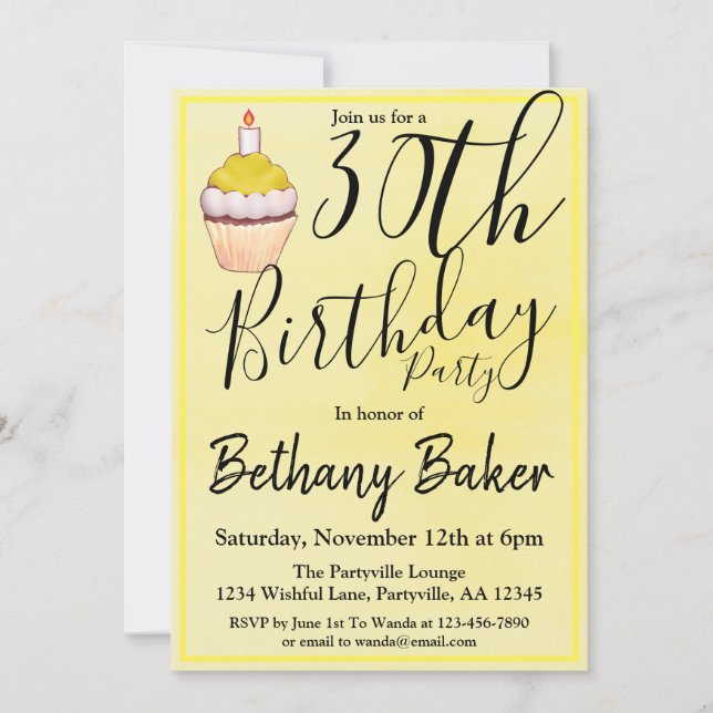 Invitation Gâteau jaune aquarelle Fête d'anniversaire 30 ans (Devant)