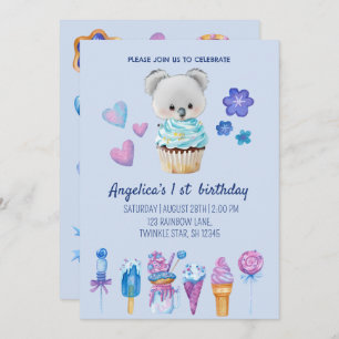 Invitation gâteau koala crème glacée Aquarelle bleue 1er anni
