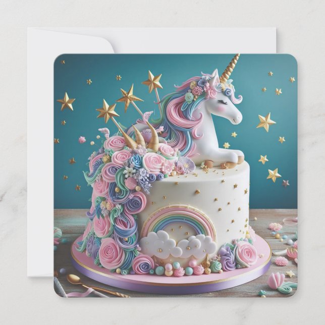 INVITATION GÂTEAU LICORNE ROSE ET BLEU FANTAISISTE ANNIVERSAI (Devant)