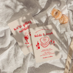 Invitation Gâteau Mariage Moderne Rouge Drôle Dessiné à la Ma