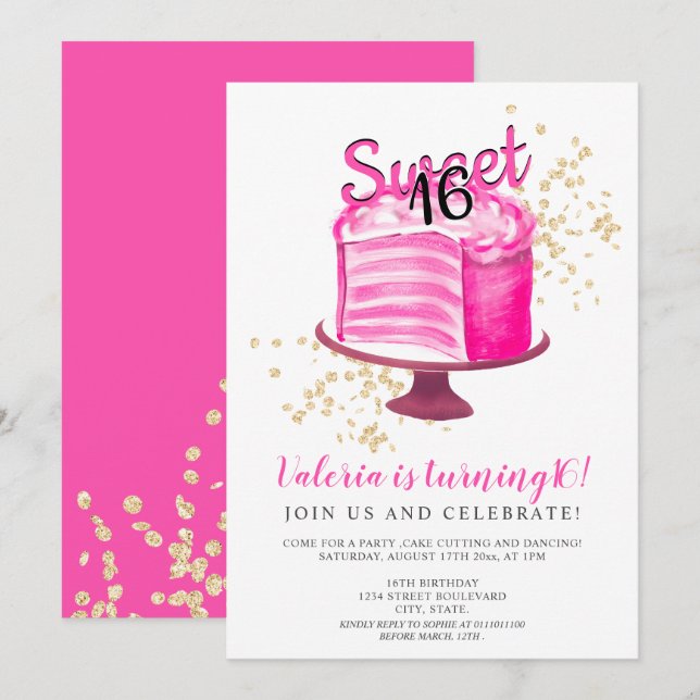 Invitation Gâteau moderne en or rose néon coupe girly Sweet 1 (Devant / Derrière)