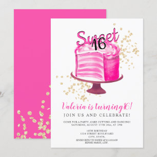 Invitation Gâteau moderne en or rose néon coupe girly Sweet 1