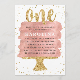 Invitation Gâteau Paillettes et Or Rose pour un Premier Anniv