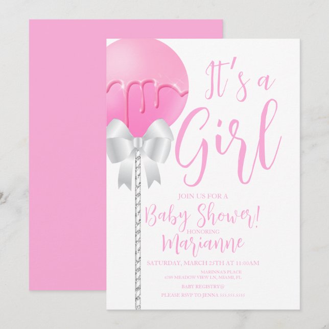 Invitation Gâteau Pop Fille Rose Baby Shower    (Devant / Derrière)
