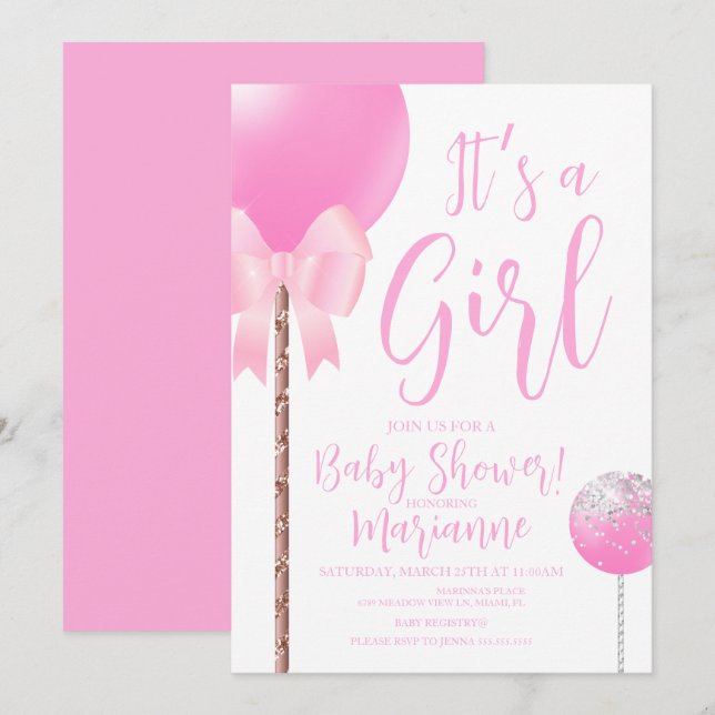 Invitation Gâteau Pop Fille Rose Baby Shower    (Devant / Derrière)