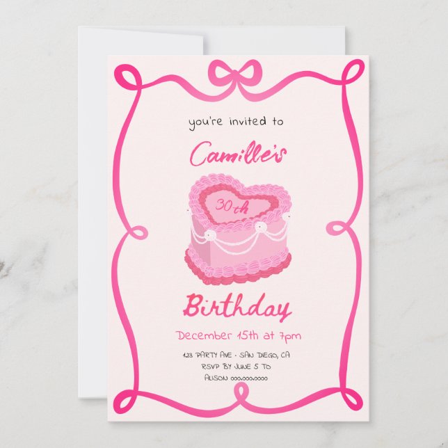 Invitation Gâteau Rétro Rose Anniversaire (Devant)
