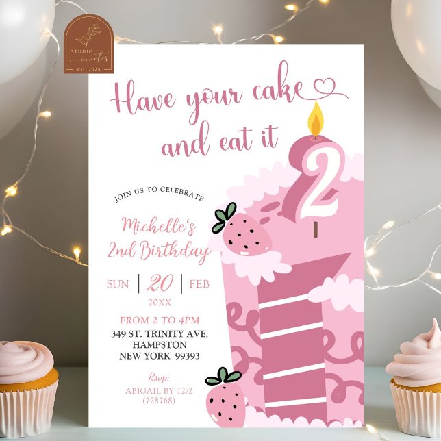 Invitation Gâteau Rose Amusant 2e Anniversaire (Créateur téléchargé)