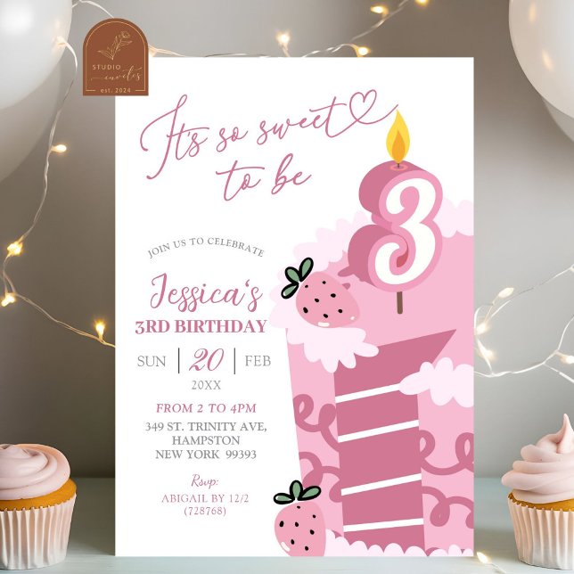 Invitation Gâteau Rose Amusant 3ème Anniversaire  (Créateur téléchargé)