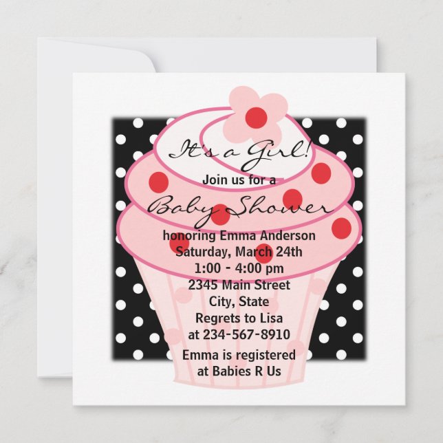 Invitation Gâteau rose cupcake rose points noirs Baby Shower (Devant)