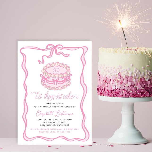 Invitation Gâteau Rose Dessiné à la Main Nœud Rose Anniversai (Hand Drawn Pink Cake Pink Bow Birthday Invitation)