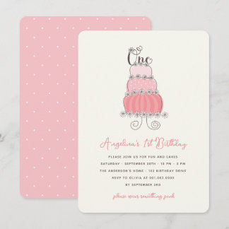 Invitation Gâteau Rose Fantaisie Fille 1ère Fête d'Anniversai