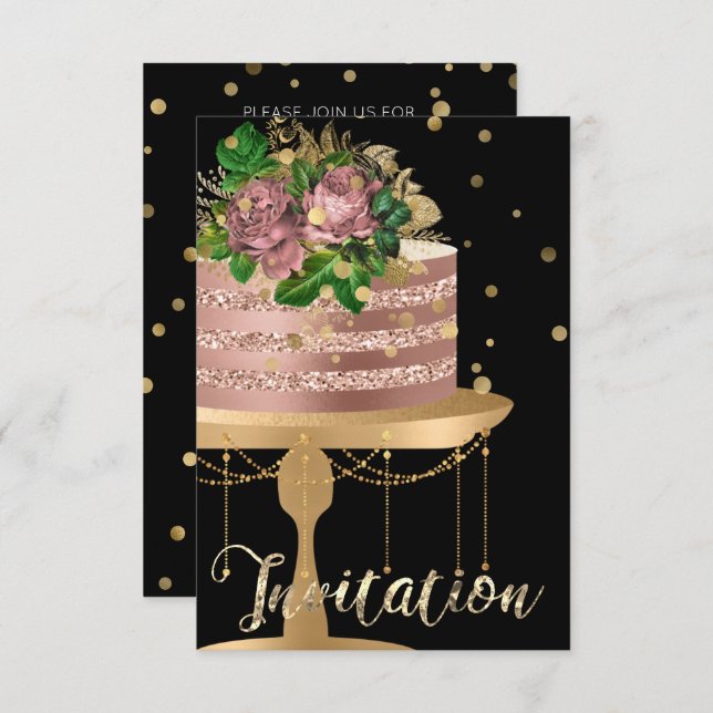 Invitation Gâteau Rose Gold Anniversaire Confettis Noirs Pail (Devant / Derrière)