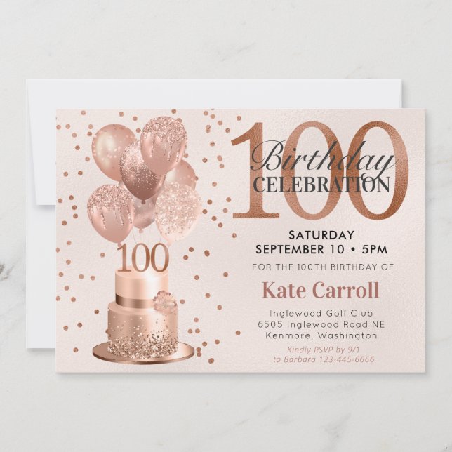 Invitation Gâteau Rose Gold pour 100e Anniversaire (Devant)