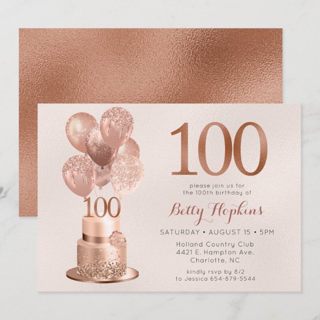 Invitation Gâteau Rose Gold pour 100e Anniversaire (Devant / Derrière)