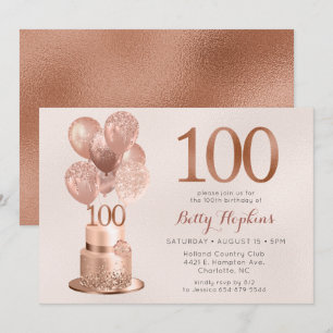 Invitation Gâteau Rose Gold pour 100e Anniversaire