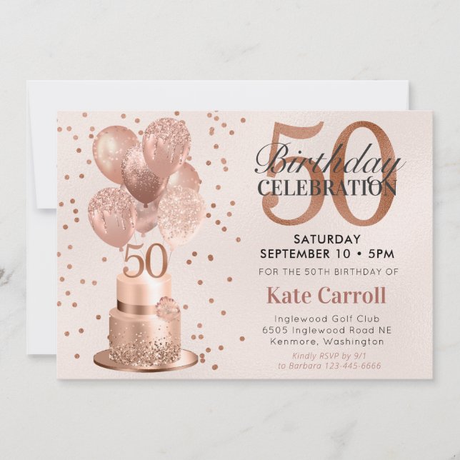 Invitation Gâteau rose gold pour 50e anniversaire (Devant)