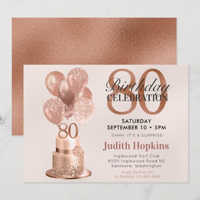 Invitation Gâteau rose gold pour 80e anniversaire surprise (Devant / Derrière)