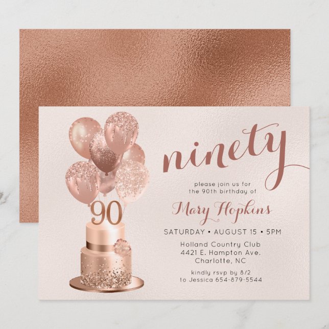 Invitation Gâteau Rose Gold pour 90e Anniversaire (Devant / Derrière)