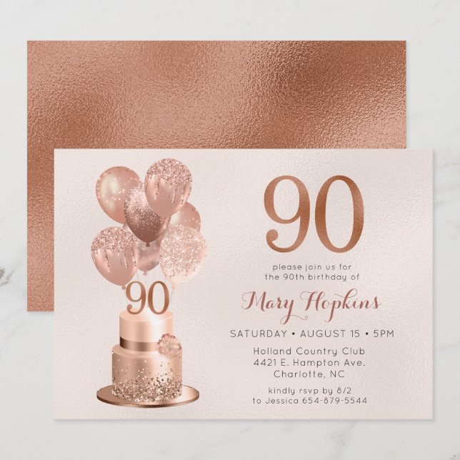 Invitation Gâteau Rose Gold pour 90e Anniversaire (Devant / Derrière)