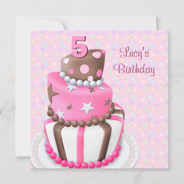 Invitation Gâteau rose marron pour filles 5ème anniversaire (Devant)