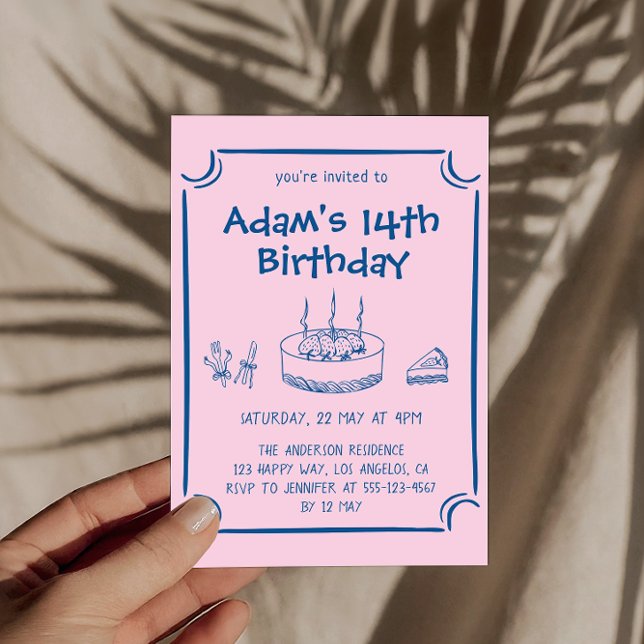 Invitation Gâteau rose mignon dessiné à la main pour une fête (Créateur téléchargé)