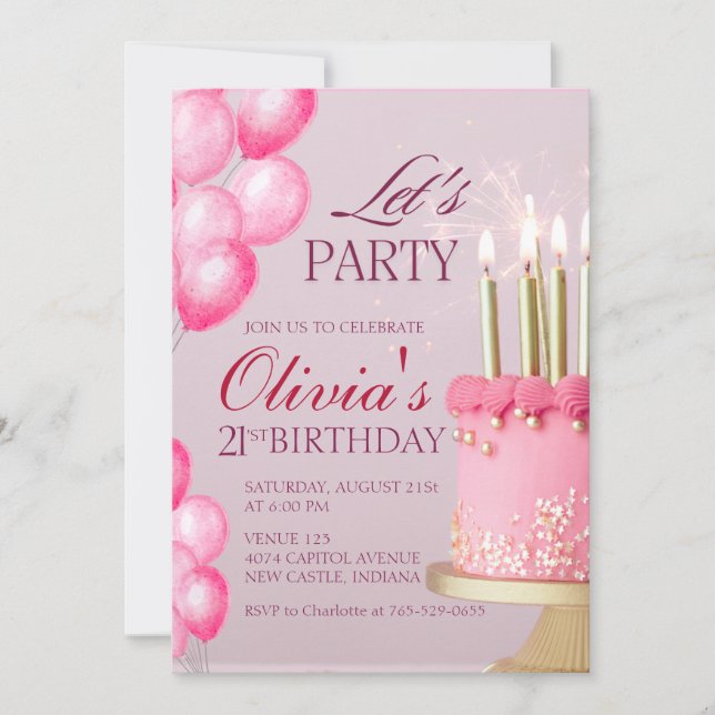 Invitation Gâteau rose mignon Fête d'anniversaire d'été pour  (Devant)