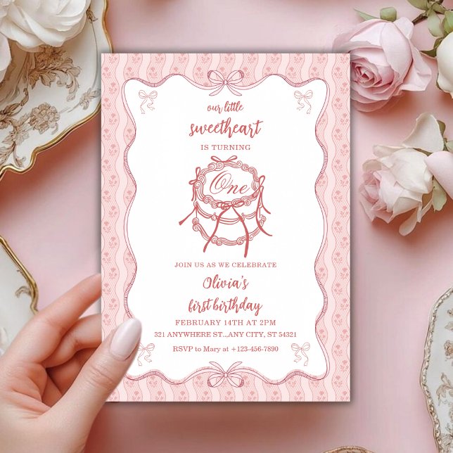 Invitation Gâteau Rose Mignonne Premier Anniversaire (Créateur téléchargé)