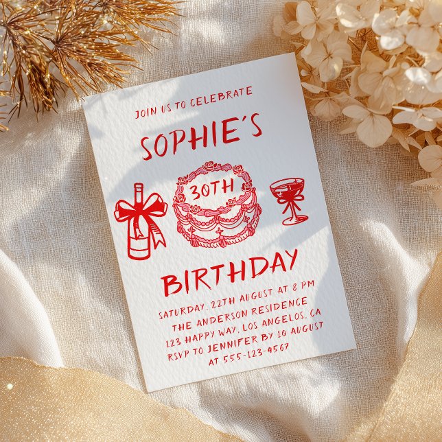 Invitation Gâteau Rouge Élégant Dessiné à la Main pour les 30 (Créateur téléchargé)