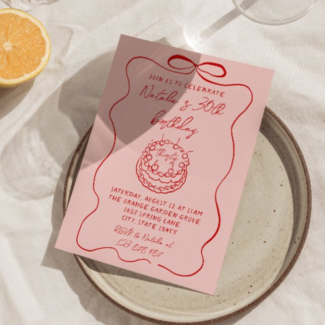 Invitation Gâteau rouge rose à la main tiré Quirky unique Ann (Créateur téléchargé)