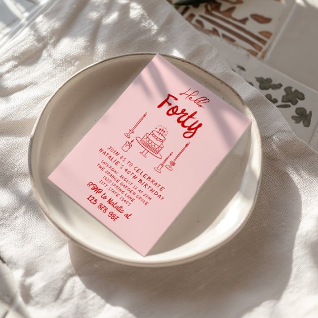 Invitation Gâteau rouge rose de la 40e main Bonjour Quarante  (Créateur téléchargé)