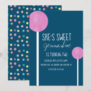 Invitation Gâteau sucette Candy Coloré Anniversaire Rose Aqua