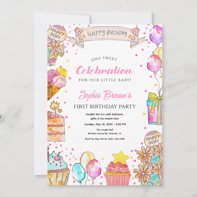 Invitation Gâteau Sweet One, Thème Ballon Fille 1er Anniversa (Devant)
