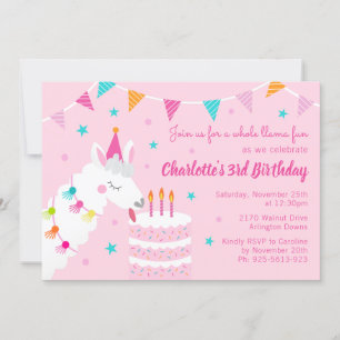 Invitation Gâteau tout Llama amusant 3e anniversaire rose