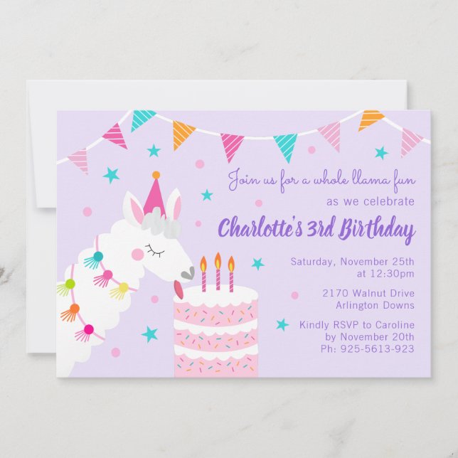 Invitation Gâteau tout Llama amusant 3ème anniversaire violet (Devant)
