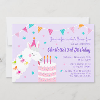 Invitation Gâteau tout Llama amusant 3ème anniversaire violet