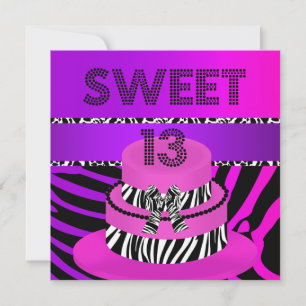 Invitation Gâteau zèbre violet rose pour 13 ans Sweet 13