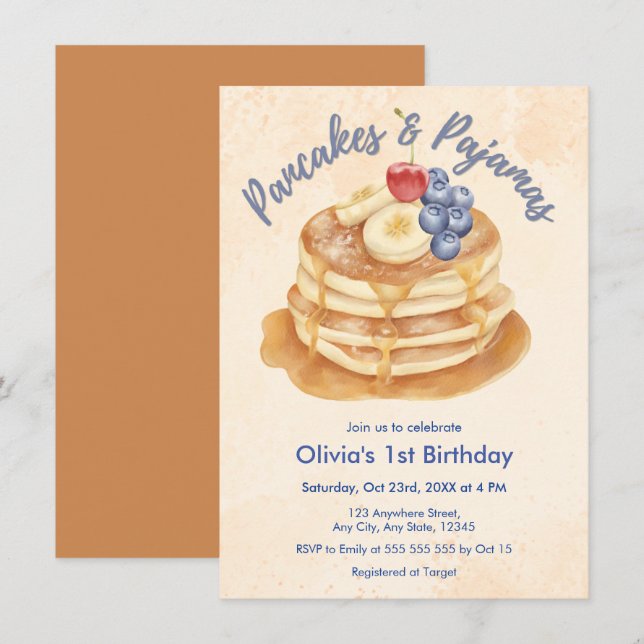 Invitation Gâteaux aux myrtilles et pyjamas pour 1er annivers (Devant / Derrière)