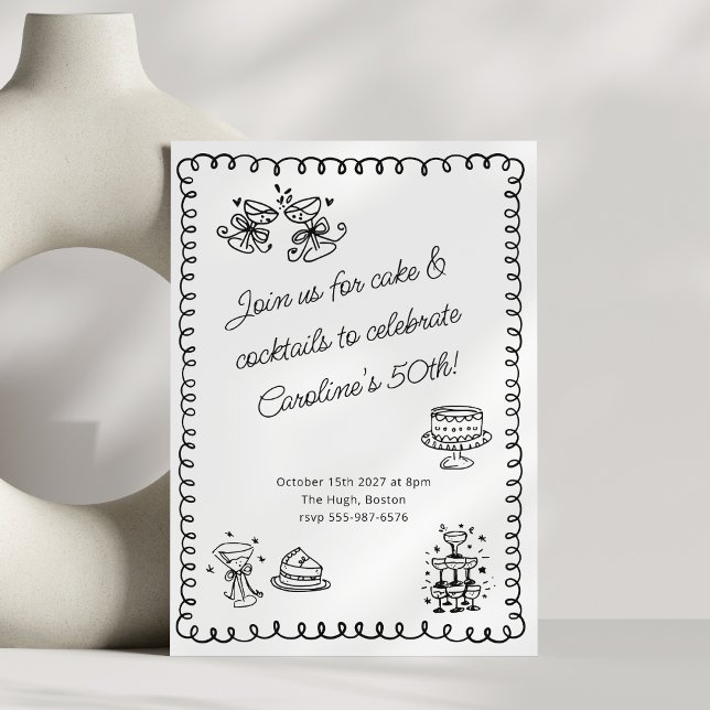 Invitation Gâteaux Cocktails 50e Anniversaire Noir Blanc Dood (Créateur téléchargé)
