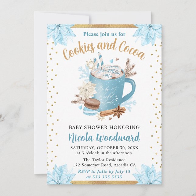 Invitation Gâteaux de l'hiver bleu aquarelle et bébé au choco (Devant)