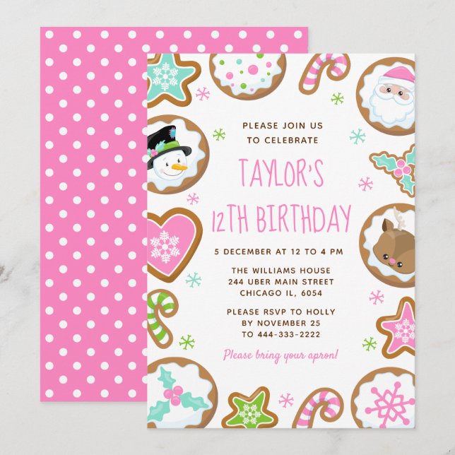 Invitation Gâteaux de Noël Fête d'anniversaire Rose et Vert (Devant / Derrière)