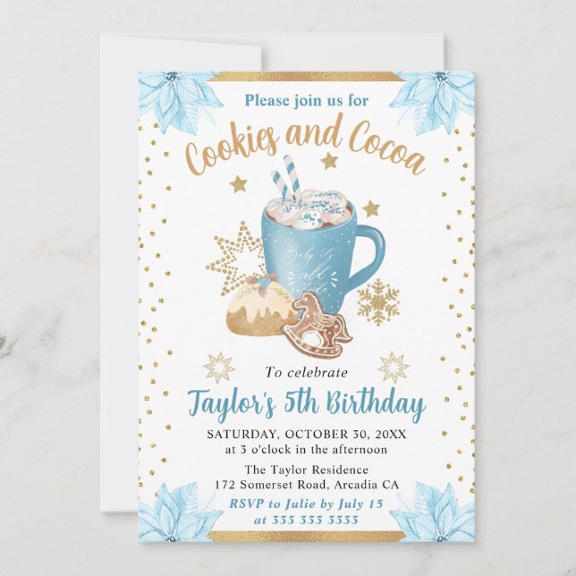 Invitation Gâteaux d'hiver et de cacao d'anniversaire bleu à  (Devant)