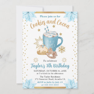 Invitation Gâteaux d'hiver et de cacao d'anniversaire bleu à