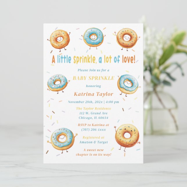 Invitation Gâteaux Donuts Éditable Bébé Sprinkle (Debout devant)