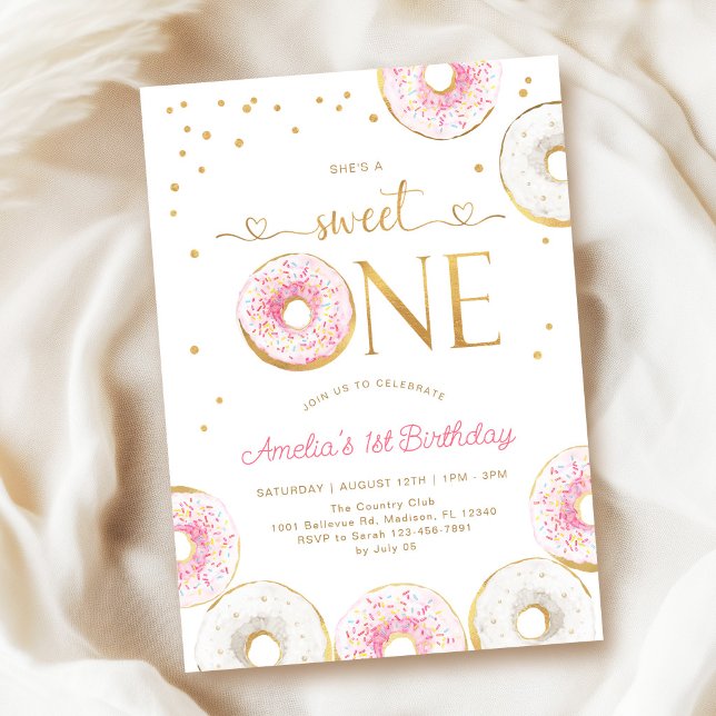 Invitation Gâteaux Donuts Rose Gold Sweet One 1er Anniversair (Créateur téléchargé)